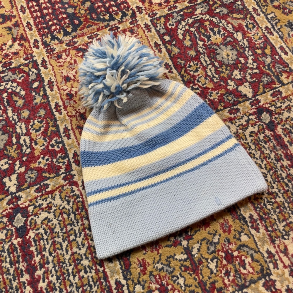 Vintage 70s Meister Blue Striped New Wool Pom Pom Beanie Hat Made in Hong Kong‎